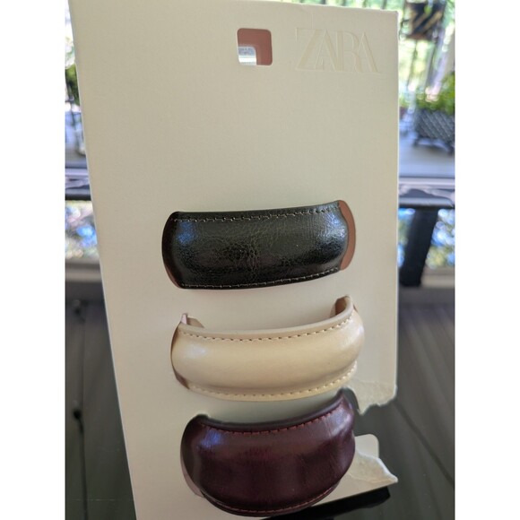 ZARA Women NEW Pack Of 3 Leather Cuff Bangle Bracelets Burgundy Green Cream Bend - Picture 3 of 14
